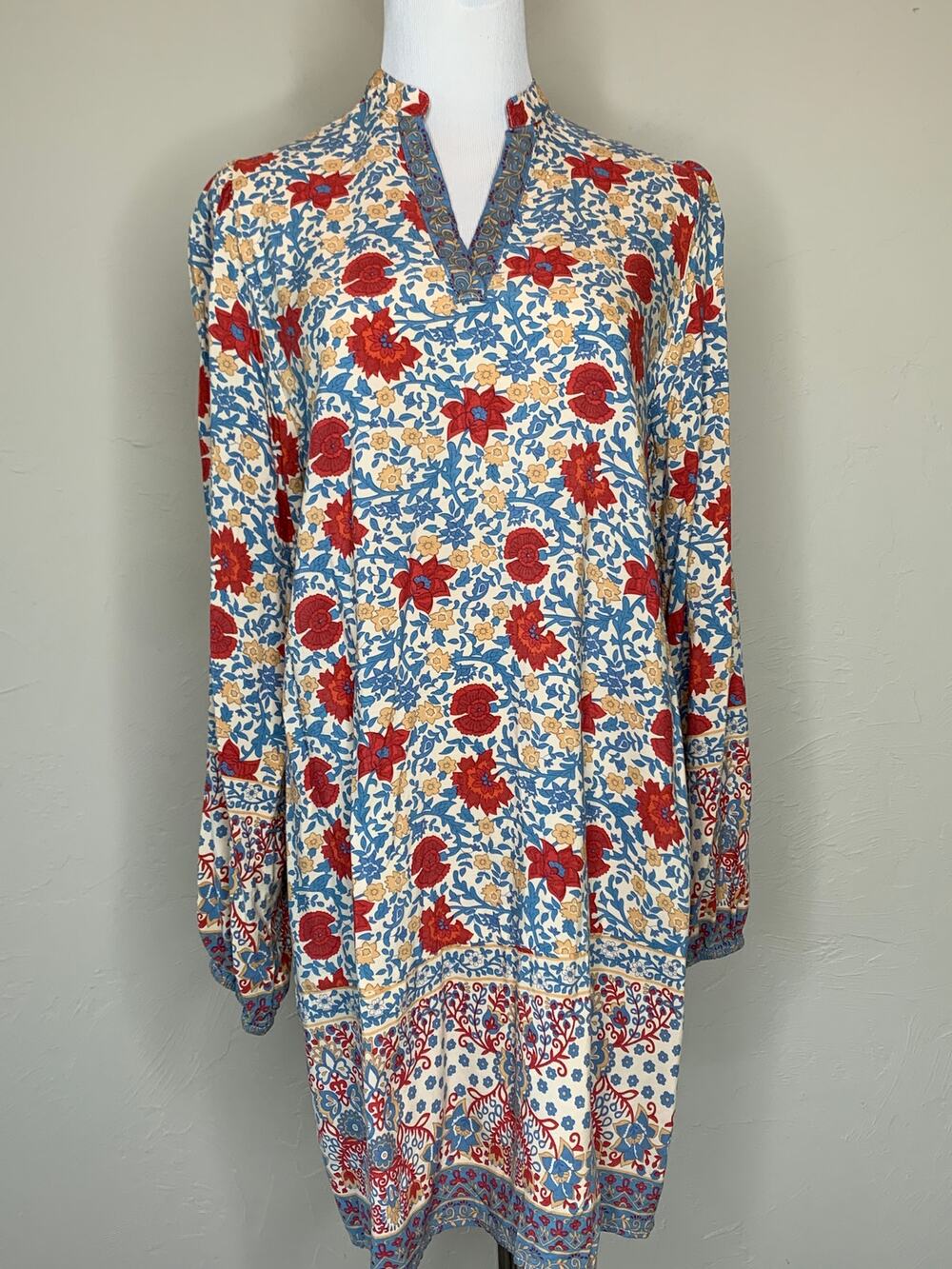 SundayUp Floral Dress Sz Large Cream Orange Gold Blue Boho